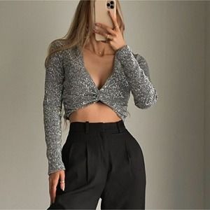 Zara Silver Sequin Knotted Long Sleeve Crop Top XXL